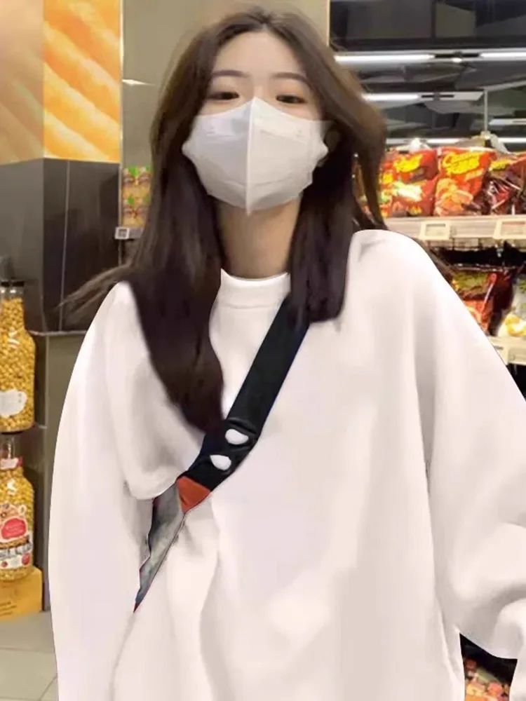 الأبيض Fce اصطف Thiened حجم كبير هوديي المرأة ربيع الخريف فضفاض منتصف طول أعلى جولة Ne مريحة البوليستر