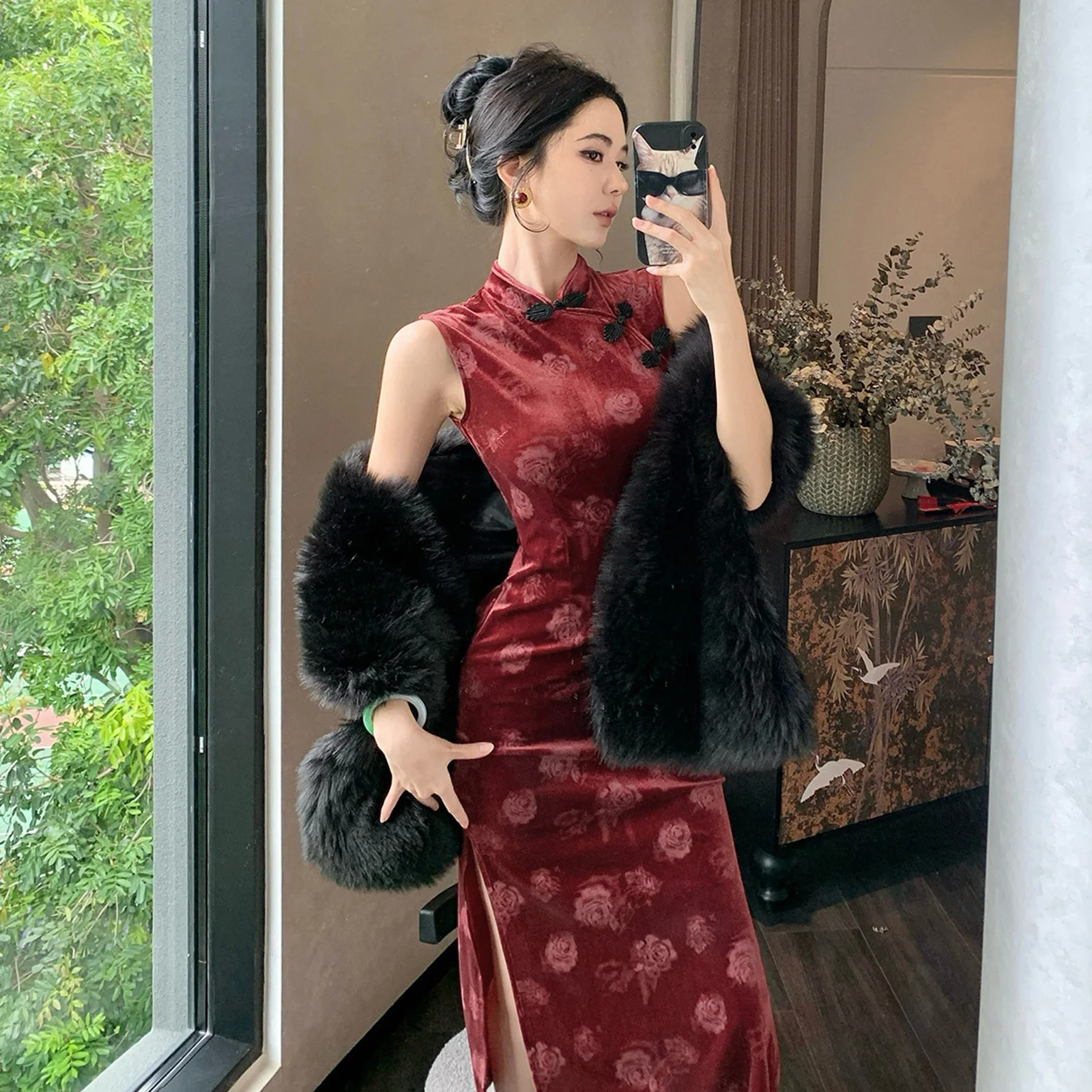 

Элегантное вельветовое платье миди в винтажном стиле с красным принтом, приталенное, для повседневной носки, подчеркивающее фигуру, в китайском традиционном стиле