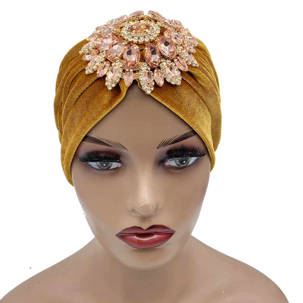 Luxury Rhinestone Velvet Turban Caps for Women Diamonds Headscarf Bonnet India Cap Muslim Headwear Hat Turbante Mujer