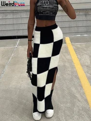 Weird Puss Y2K Checkerboard Women Skirts Knit Side Split Skinny Vintage Fashion Wild Streetwear High Waist Maxi Straight Skirt