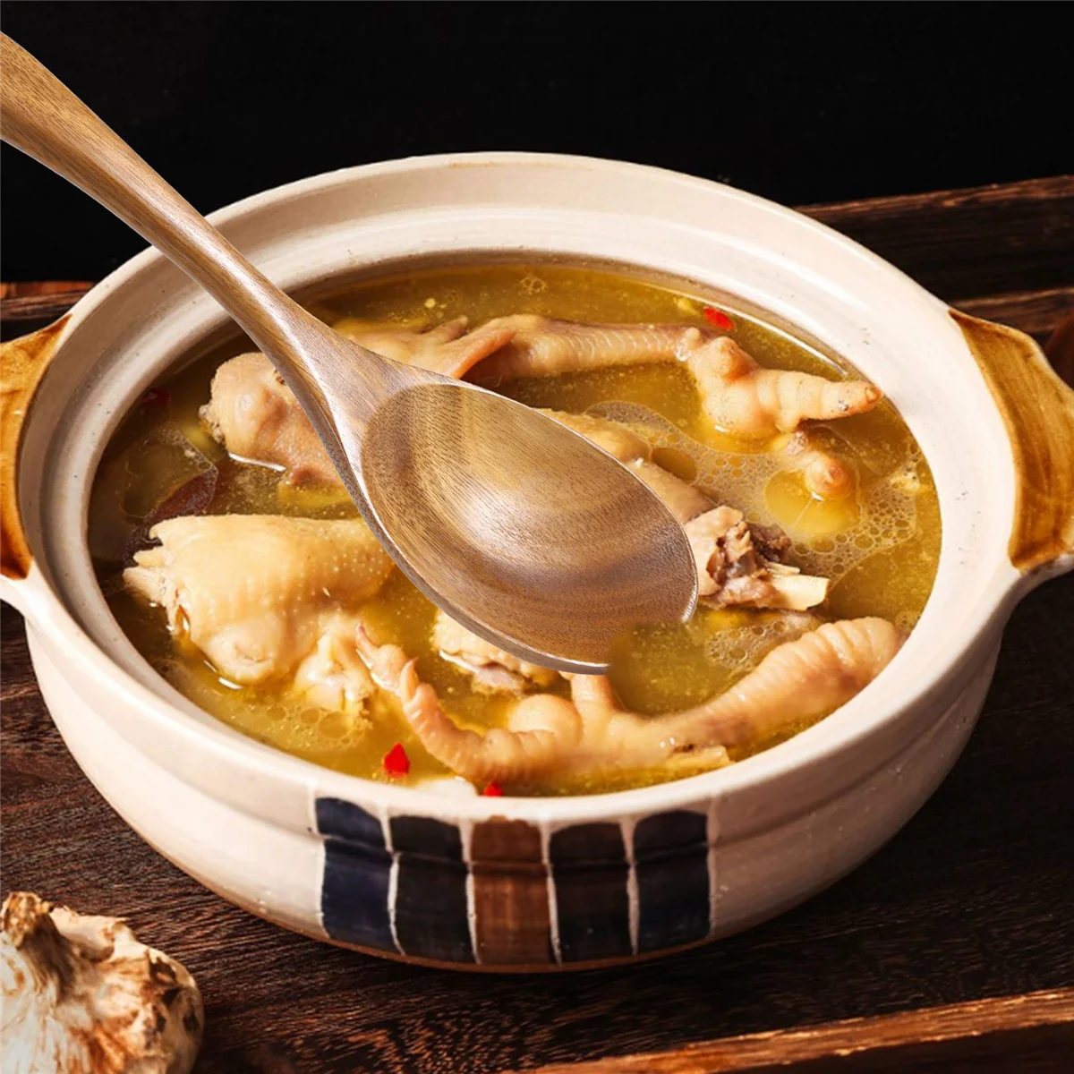 9 colheres de madeira dos pces para cozinhar, utensílios de madeira para cozinhar com suporte dos utensílios, conjunto de utensílios de cozinha de madeira de teca