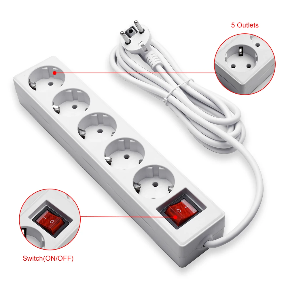 EU Padrão Power Strip com LED Indicador Switch 2 Pin Plug Painel 3 Metros 220V 10A Plug Strip para Eletrodomésticos