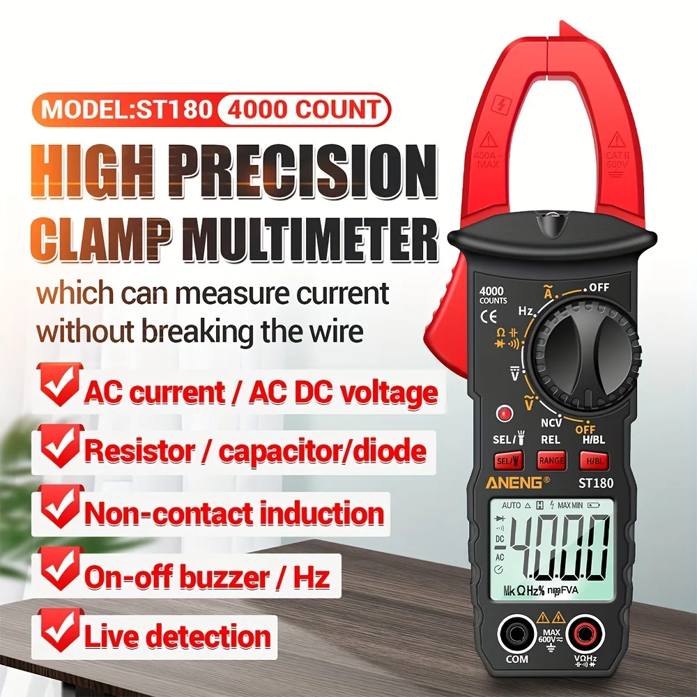ST180 digital clamp ammeter kit, including measuring pen. 4000 counts, equipped with buzzer, high-precision multimeter