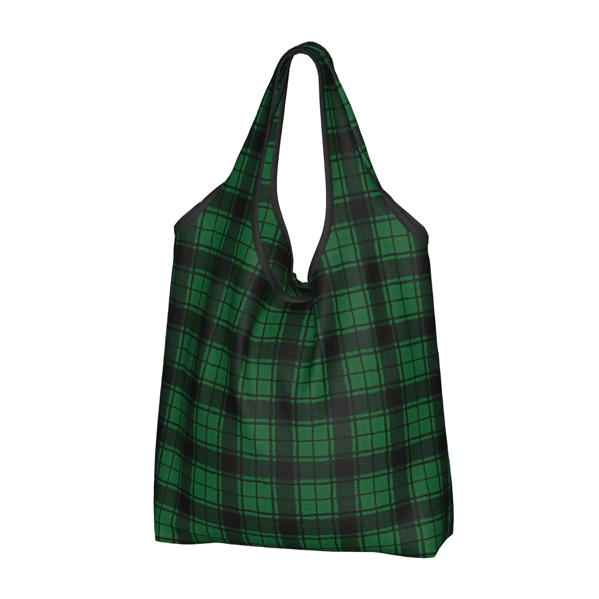 Recycling Green And Black Tartan Plaid Shopping Bag Women Tote Bag Portable  Groceries Shopper Bags