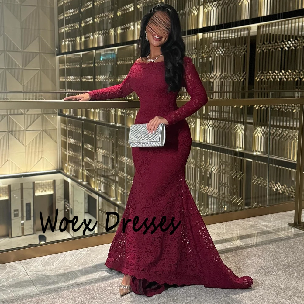 Vestido de noite personalizado com decote em barco, camisa borgonha, renda, mangas compridas, trem de varredura, vestido de festa, sereia, mangas compridas, vestido de festa