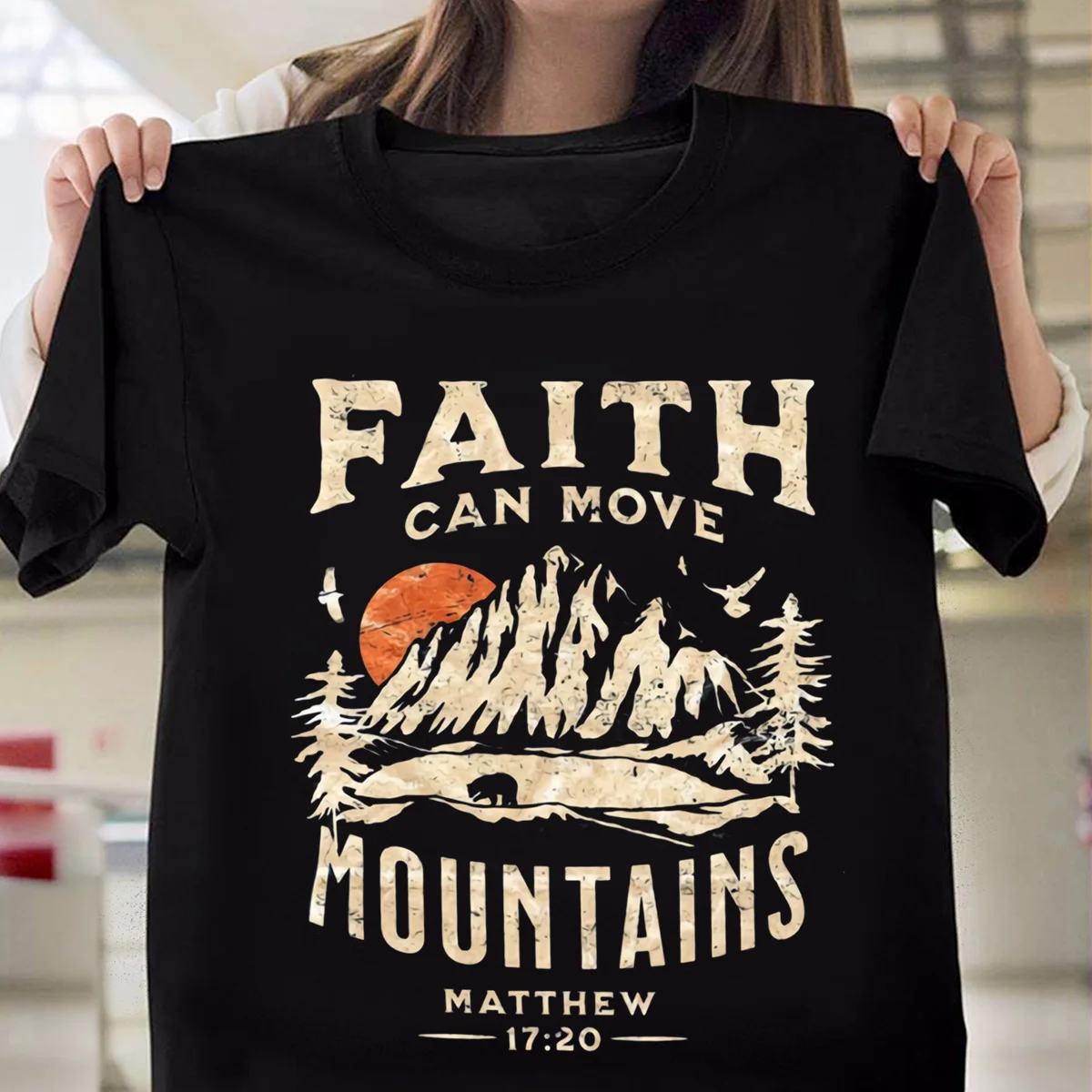 Футболка с длинным или коротким рукавом с надписью «Faith Can Move Mountain» (Библия, христианский Иисус)