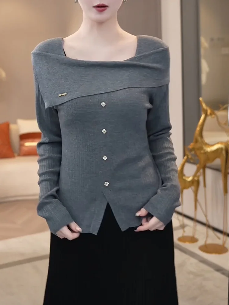 

Korean Style Grey High-End Feeling Irregular Square Collar Knitwear Autumn New Large Size Elegant Versatile Top