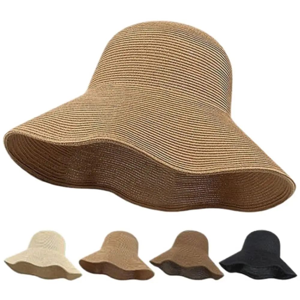 

Solid Color Wide Brim Straw Hat Breathable Korean Style Women's Sun Visor Hats Soft Lightweight Weave Bucket Hat Travel Holiday
