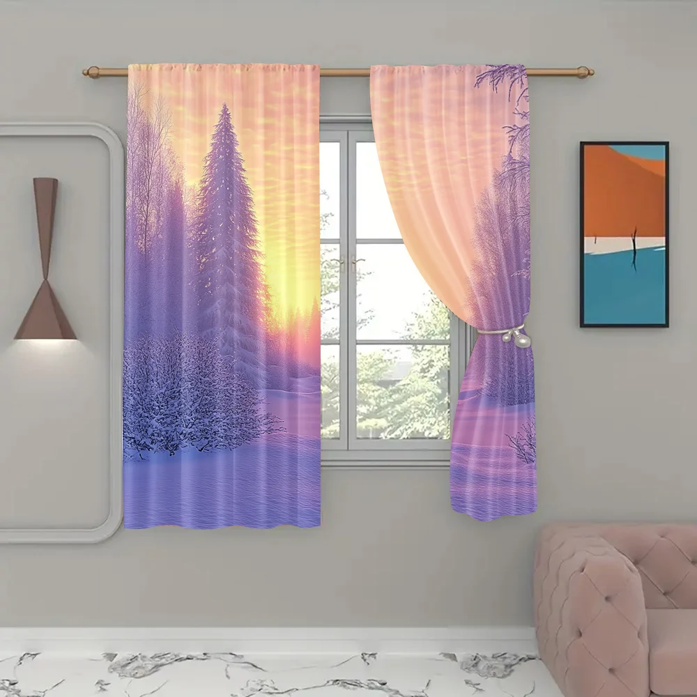 2Pcs Forest Curtains Winter Landscape With Sunset And Frozen Trees Ice Weather Blizzard Cold Living Room Bedroom Window Drapes2