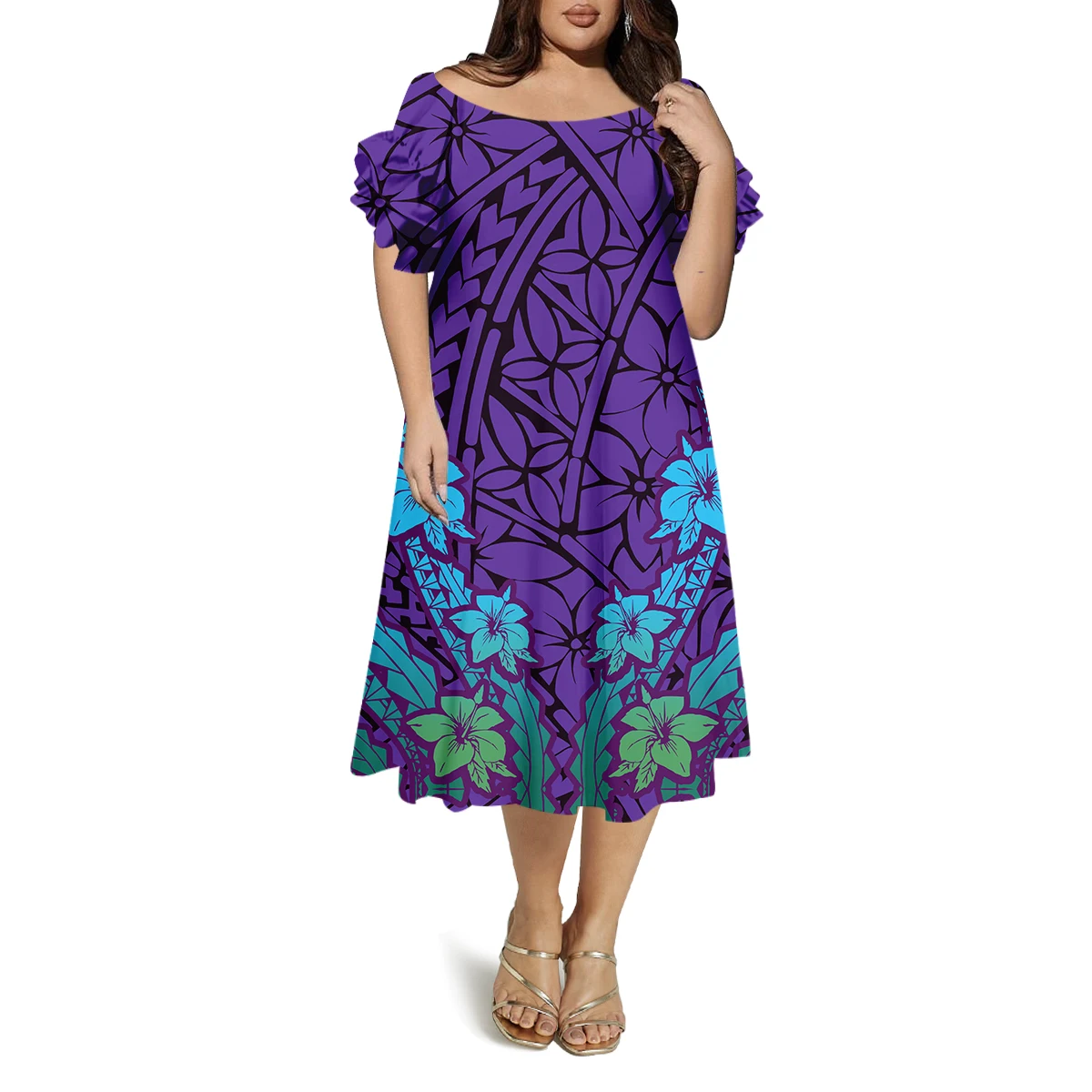 Polynesian Woman'S Dress With A Casual And Elegant Style Featuring A Round Neck Butterfly-Sleeve Pattern And A Loose Design