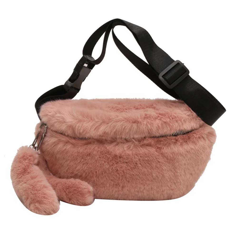 Women Fluffy Crossbody Bag Casual Soft Satchel Bag Versatile Furry Waist Pack Zipper Adjustable Strap Fall Winter Purse