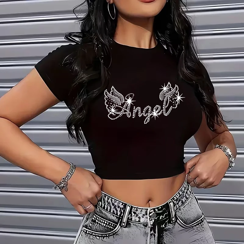 Angel Exquisite Letter Wing Graphic Print Y2K Crop Tops Women's Sexy Cropped T Shirt 90s Graphic Tshirt Short Sleeve T-Shirt