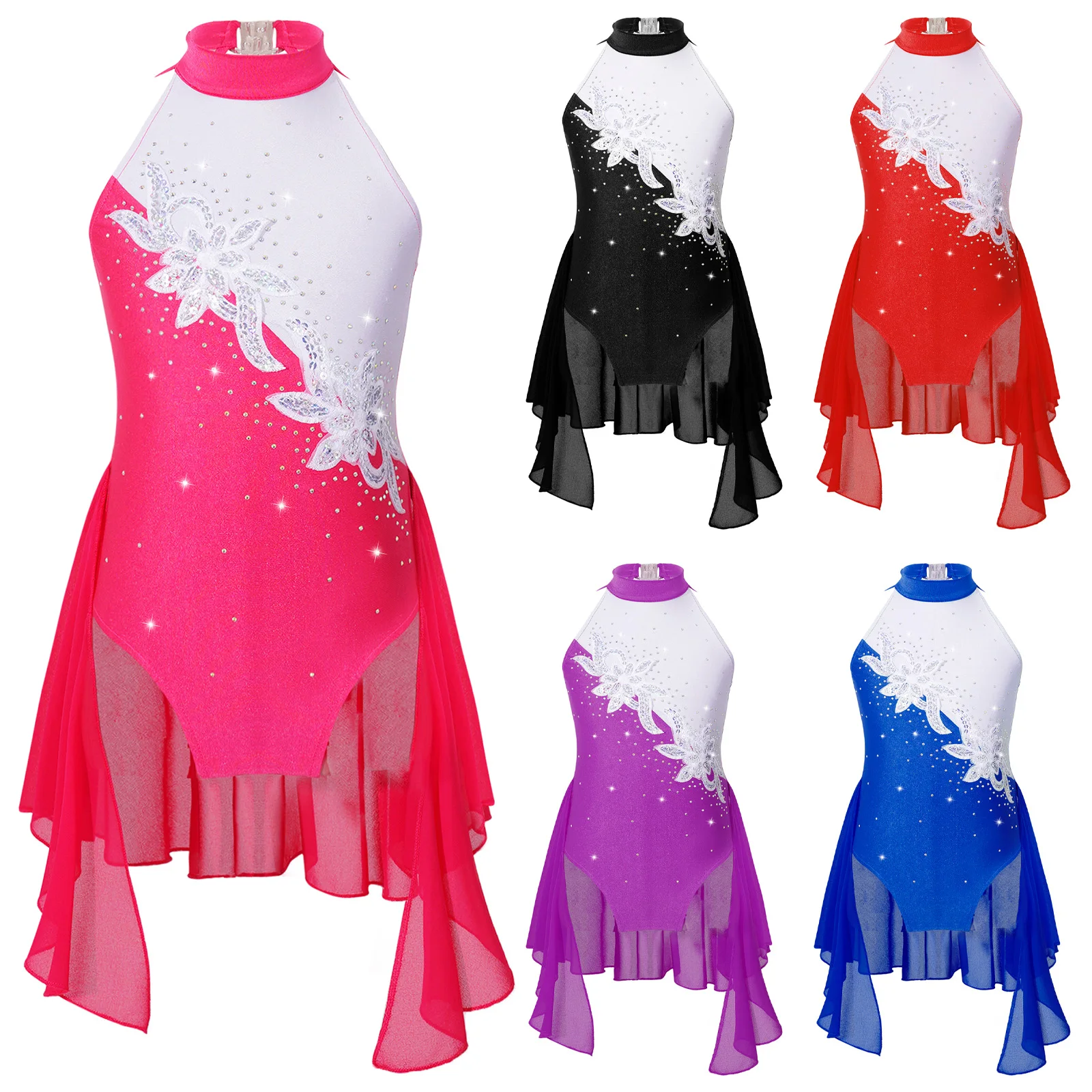 Girls Ballet Gymnastics Leotard Dress Lyrical Dance Costume Shiny Sequins Rhinestone Figure Skating Jumpsuit Ballerina Dancewear