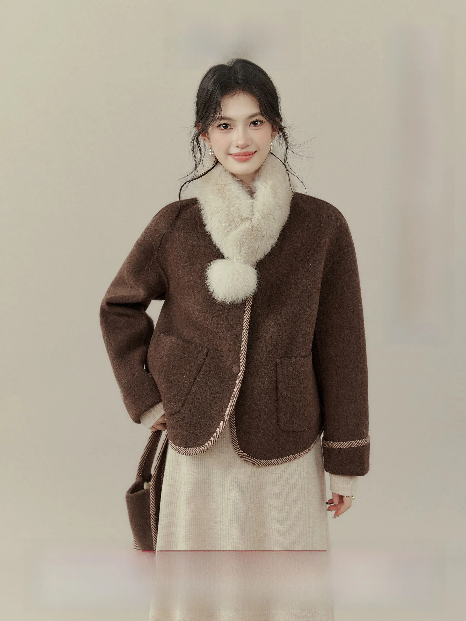 

ort двустороннее шерстяное пальто, женское свободное пальто кофейного цвета, верхняя одежда, осенне-зимнее модное женское пальто премиум-класса Quali Jaet