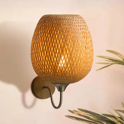 New Chinese Bamboo Woven Wall Sconce for Bedroom Bedside, Zen Hallway Light for Tea Room Corridor, Rustic Decor