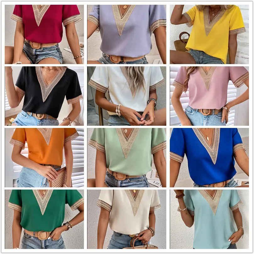 Elegant Blouse Fashion Short Sleeve Tops 2024 Summer V-neck Quilted Female Lace Shirt Commuter Blusas Elegantes Finas Para Mujer