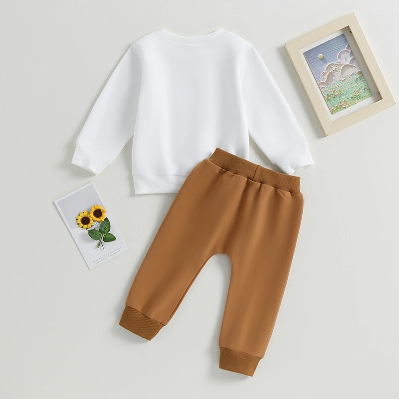 Infant Boys 2-Piece Outfit Set with Long Sleeve O Neck Top and Drawstring Pants Featuring Letter Print Design