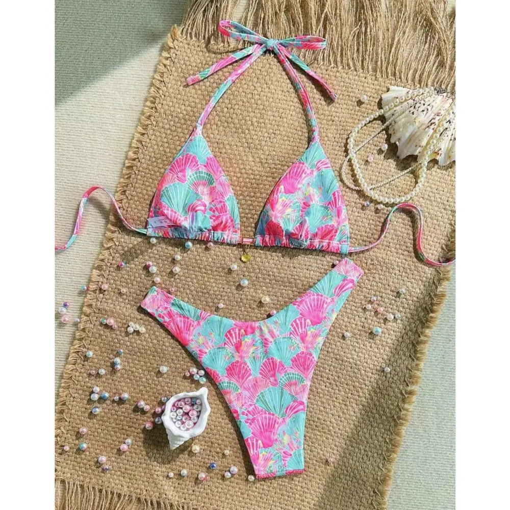 

Sexy Laced Up Print Bikini 2 Piece Set Women Split Beach Vacation Bikini Swimsuit 2025 New Summer Swimwear Bikinis Set