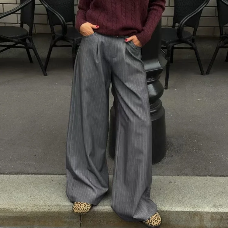 

Fashionable Striped Wide Leg Casual Pants Loose Fit Straight Leg Trousers High Waist Long Pants Commute Style Spring Collection