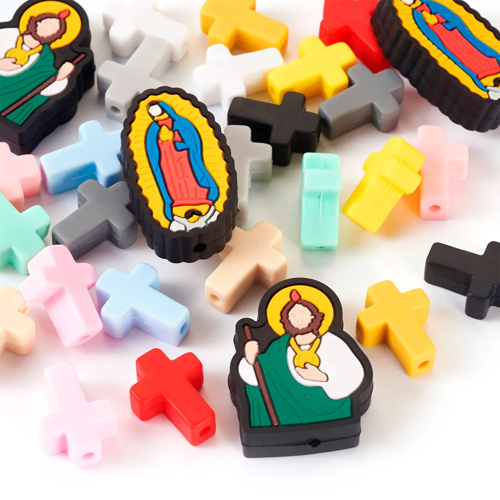 

Religion Silicone Focal Beads Cross Virgin Mary Jesus Mix Style Beading Necklace Keychain Beadable Pen DIY Jewelry Craft Making