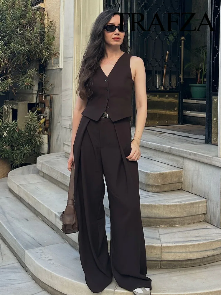 TRAFZA Female Sets V-Neck Sleeveless Side Slit Single Breasted Vest+High Waist Pockets Sashes Wide Leg Pants Women Fashion Suit