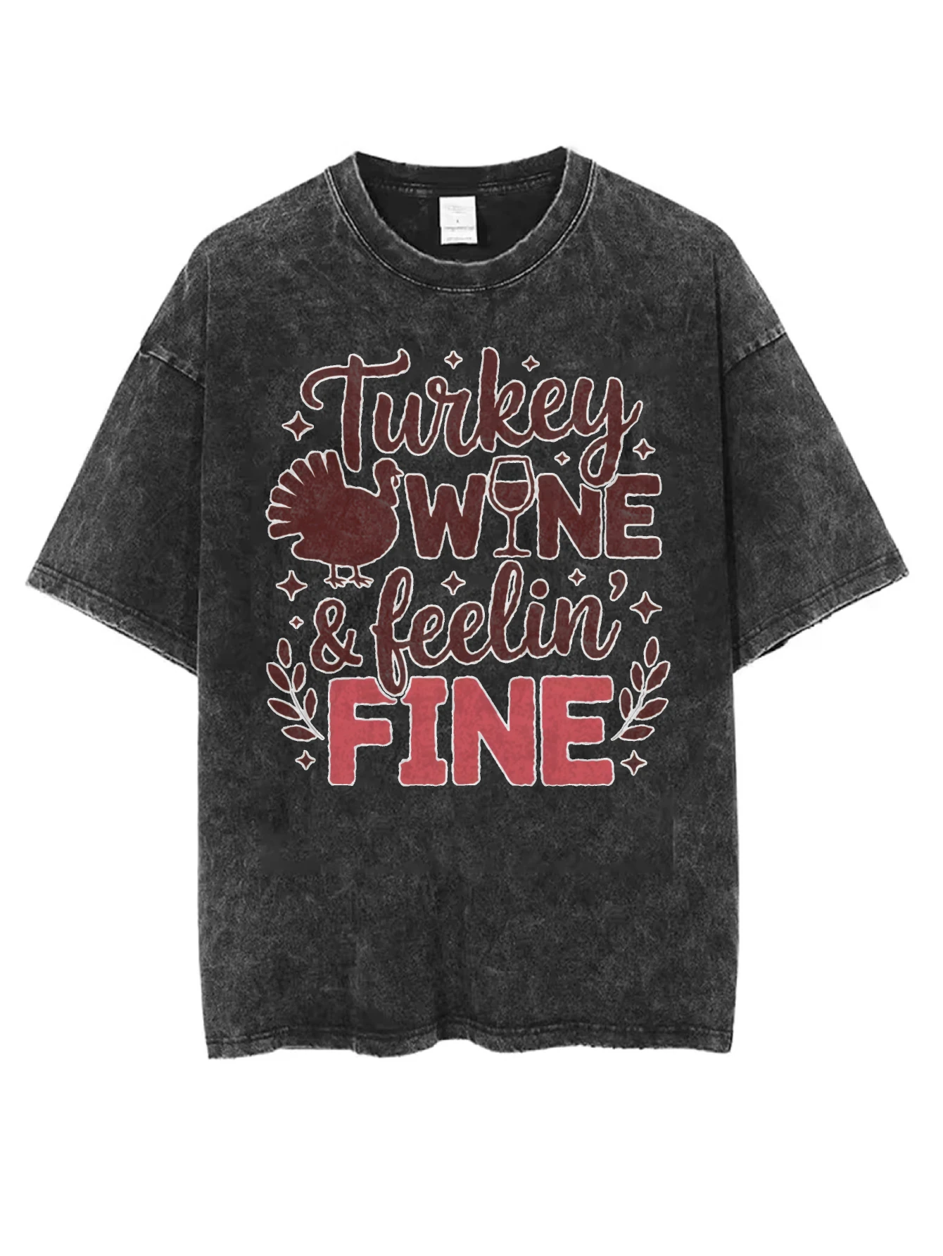 

Черная стираная футболка с круглым вырезом Turkey WINE & feelin FINE, удобная свободная посадка для мужчин и женщин, идеально подходит для Рождества и зимы