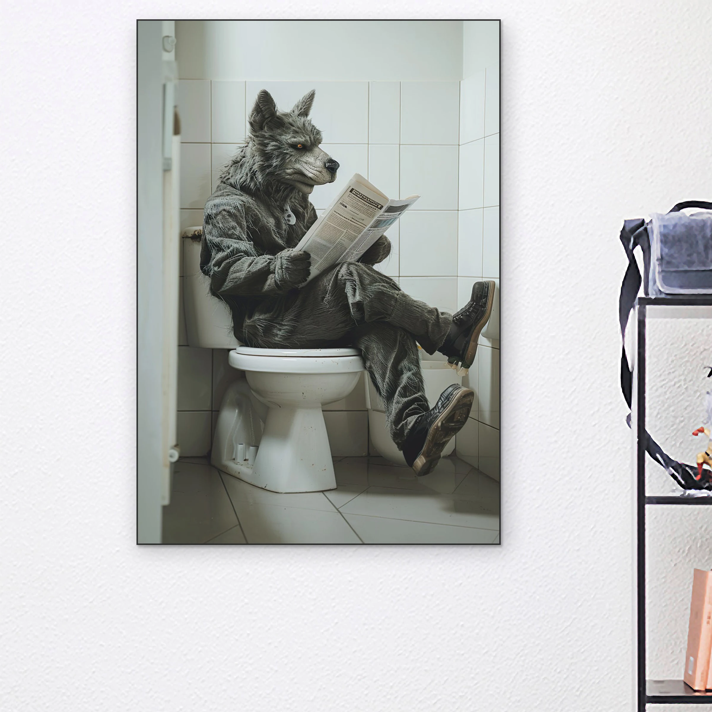 Serious Werewolf  Wear leather shoes Sit on The Toilet And Read a Newspaper Wall Art Canvas Painting Decorate bathroom room Gift