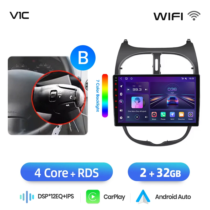 Junsun draadloze CarPlay Android Auto autoradio voor Peugeot 206 (Hatch/CC/SW) 1998-2012 met ingebouwde koelventilator, Android GPS navigatie, multimediaspeler, WiFi, DSP, RDS, BT, SWC, IPS