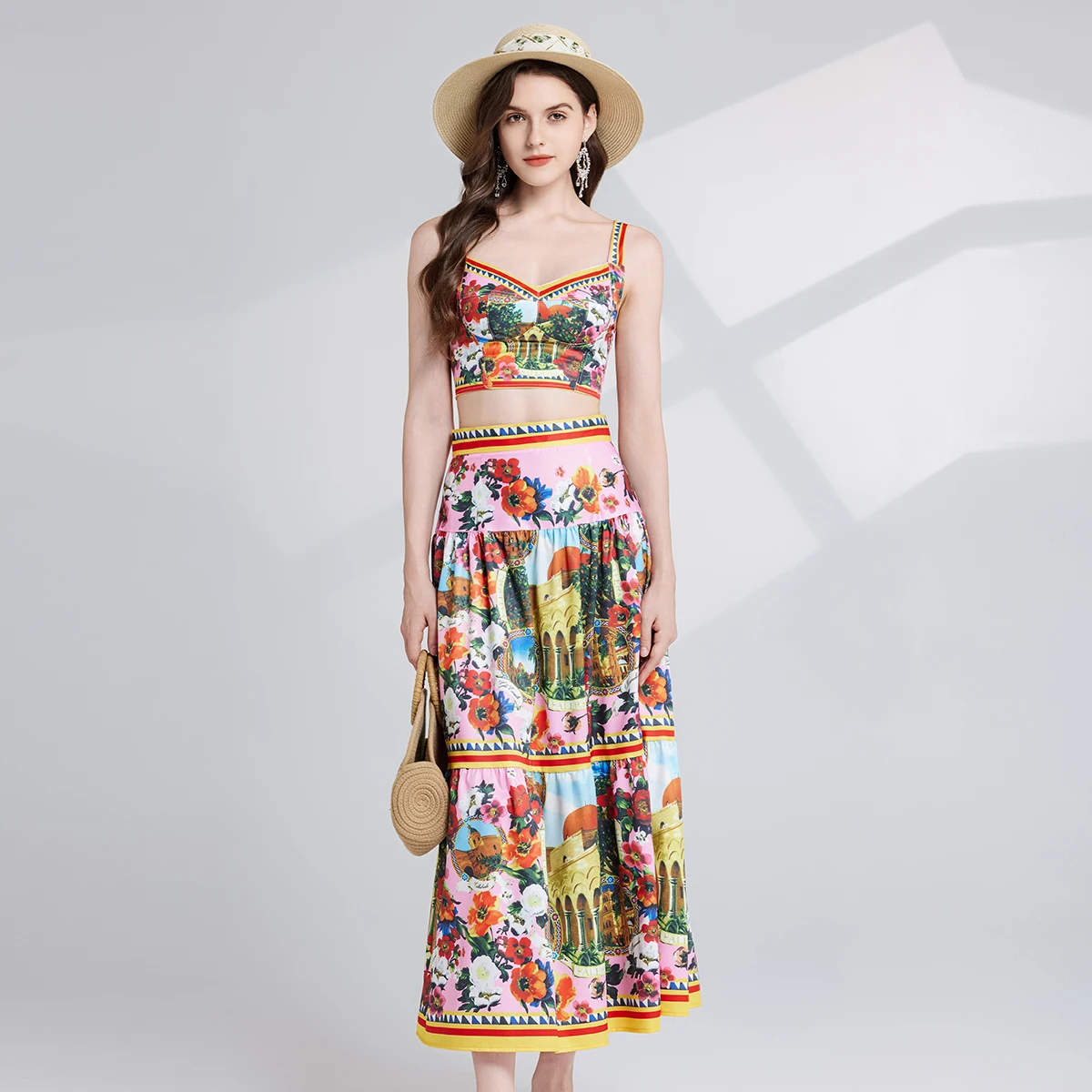 Summer Holiday Crop Tops Long Skirts Sutis Women Two Piece Sets Flower Print Bustier Corset Tops A Line Midi Skirts 2pcs Outfits