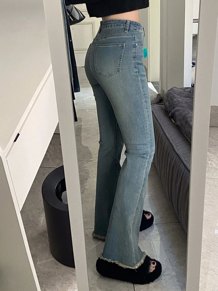 

Джинсы-клеш с высокой талией и бахромой, больших размеров, утягивающие, подходят для широких бедер и тонких ног, женские, клеш-фасон