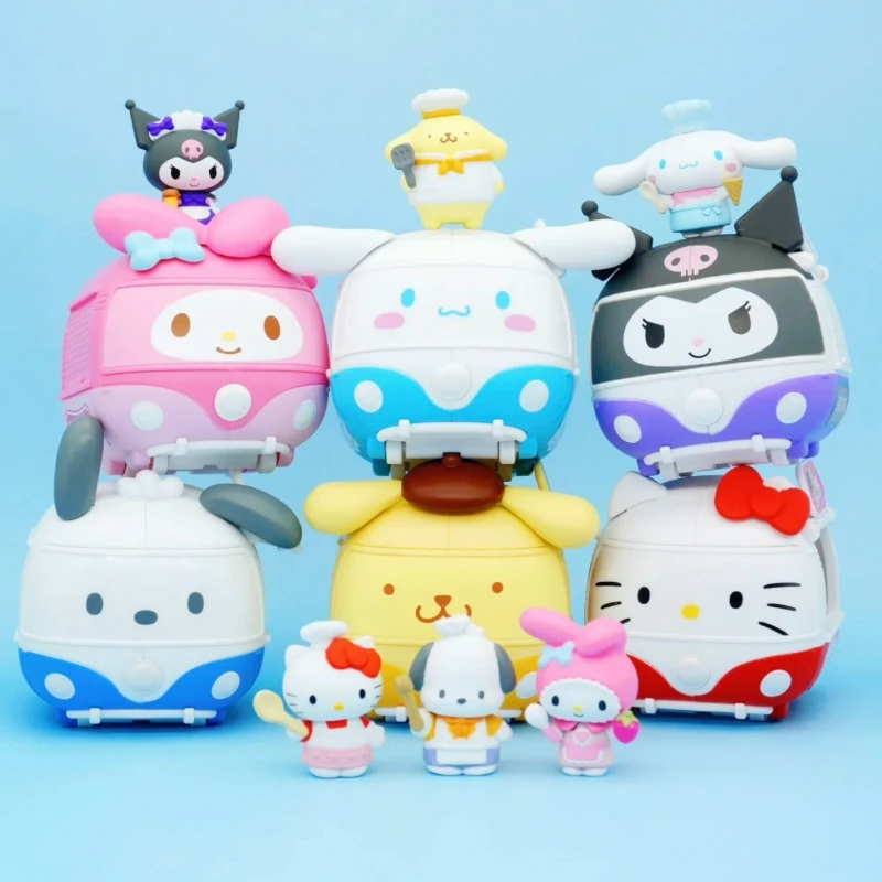 Sanrio Blind Box Cute Figure Gourmet Food Truck Car Toy Ornament Kulomi Pacha Dog Big Eared Dog Hello Kitty Mystery Box Gift Toy