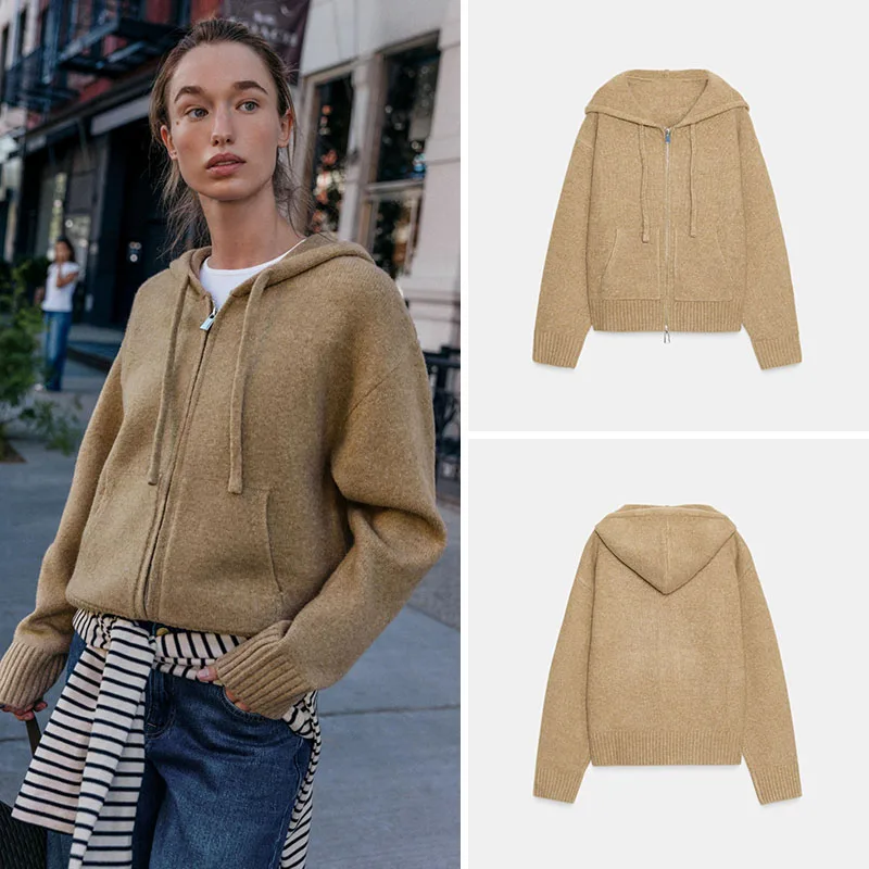 

New Arrival Autumn ZA2025 Women's Casual Fashion Long Sleeve Drawstring Knitted Hoodie Standard Fit Zipper Closure Other Mate...