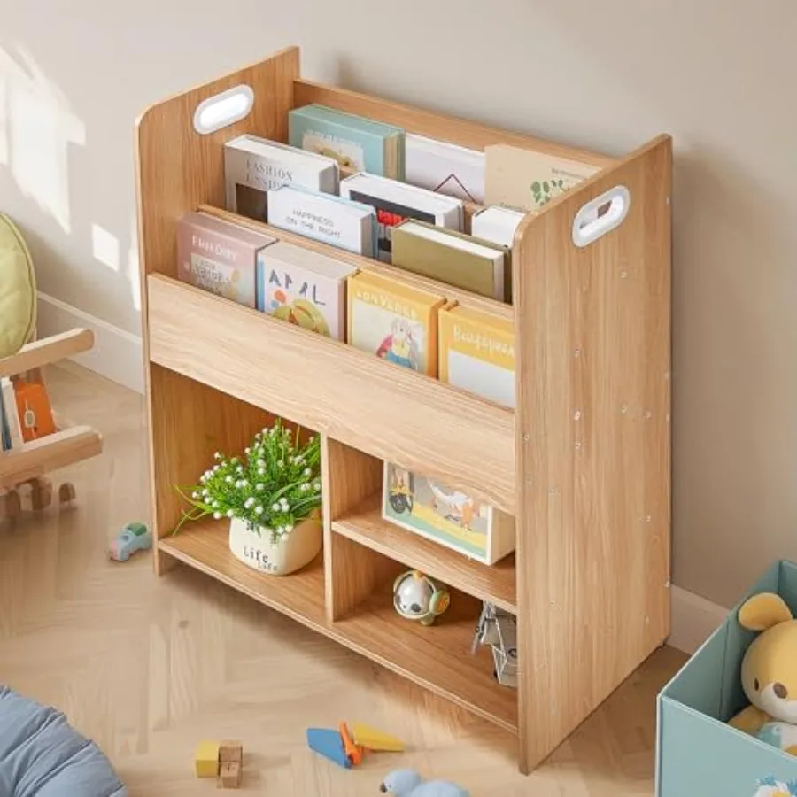 

Book Organizer - Wooden 's Bookshelf with 3-Tier Display and 2-Tier Storage Compartments, Easy-to-Access Toddler Bookcase for P