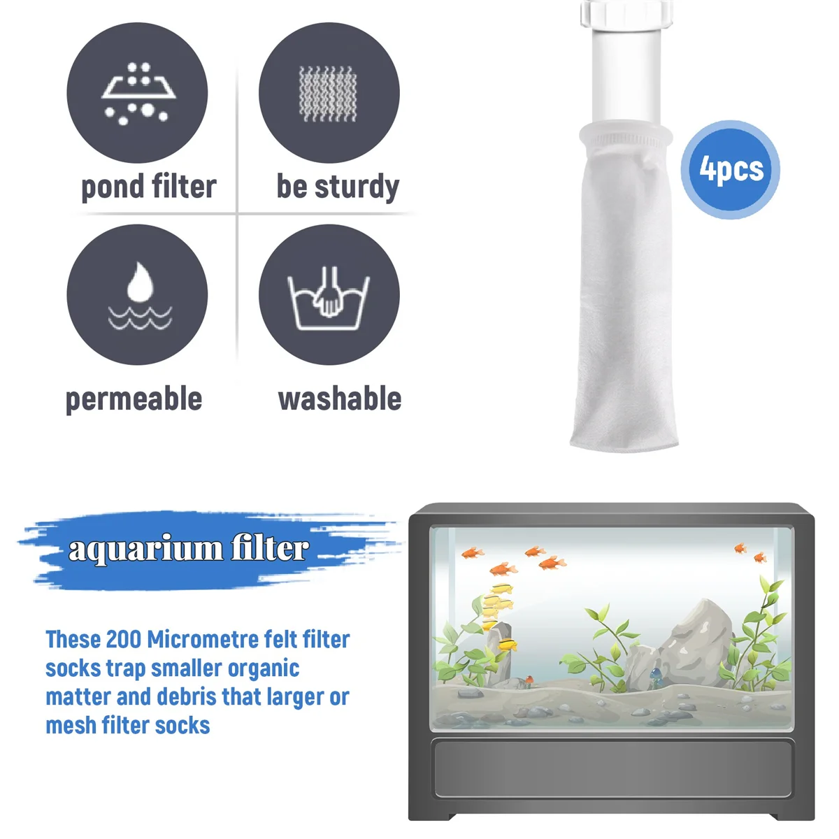 A88X 4 عبوات من جوارب الفلتر، 200 ميكرومتر، لخزان الأسماك/حوض السمك البحري، البركة، للتدفق/الفائض