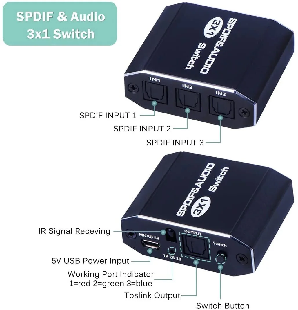 SPDIF Toslink Switcher 3 in 1 out Digital Optical Audio Amplifier Speaker Selector Switch 3x1 with IR Control Support DTS AC3