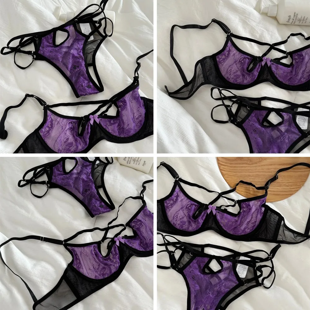 

Purple Lace Embroidery Push Up Bra Set, Women's Breathable Underwear Large Size