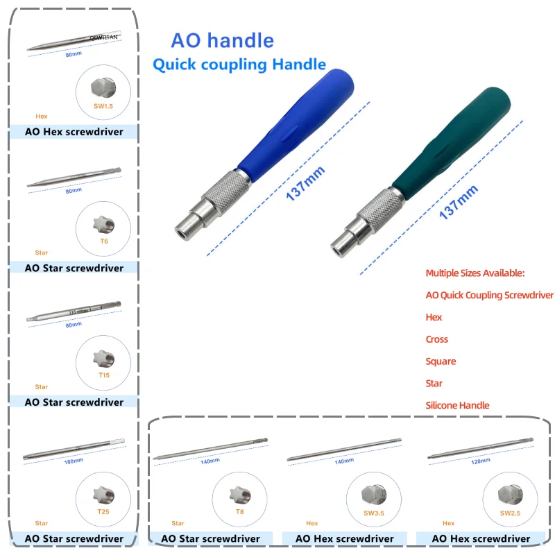 AO Quick Coupling Screwdriver Set Torx Phillips Square with Silicone Handle Orthopedic Surgical Instruments