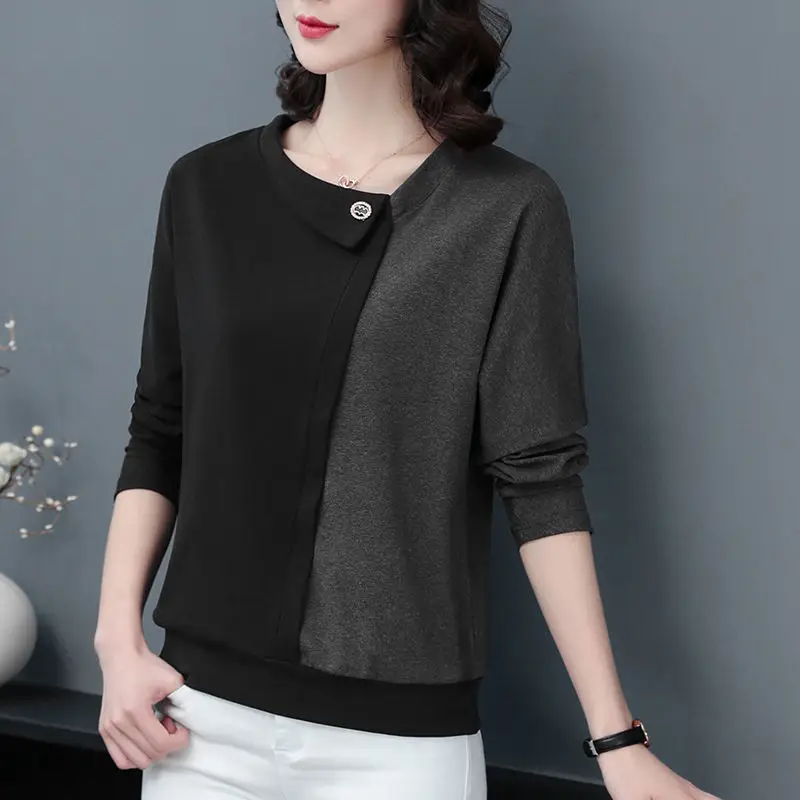 Office Lady Fashion Casual Patchwork Color Skew Collar Skinny Long Sleeved T-shirts Elegant Comfortable Wild Top Women Clothing