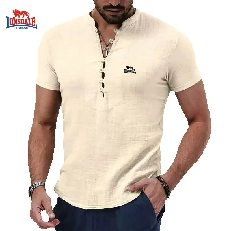 

New men's high-quality cotton and linen retro short sleeved polo shirt, fashionable and casual, breathable and cool T-shirt top