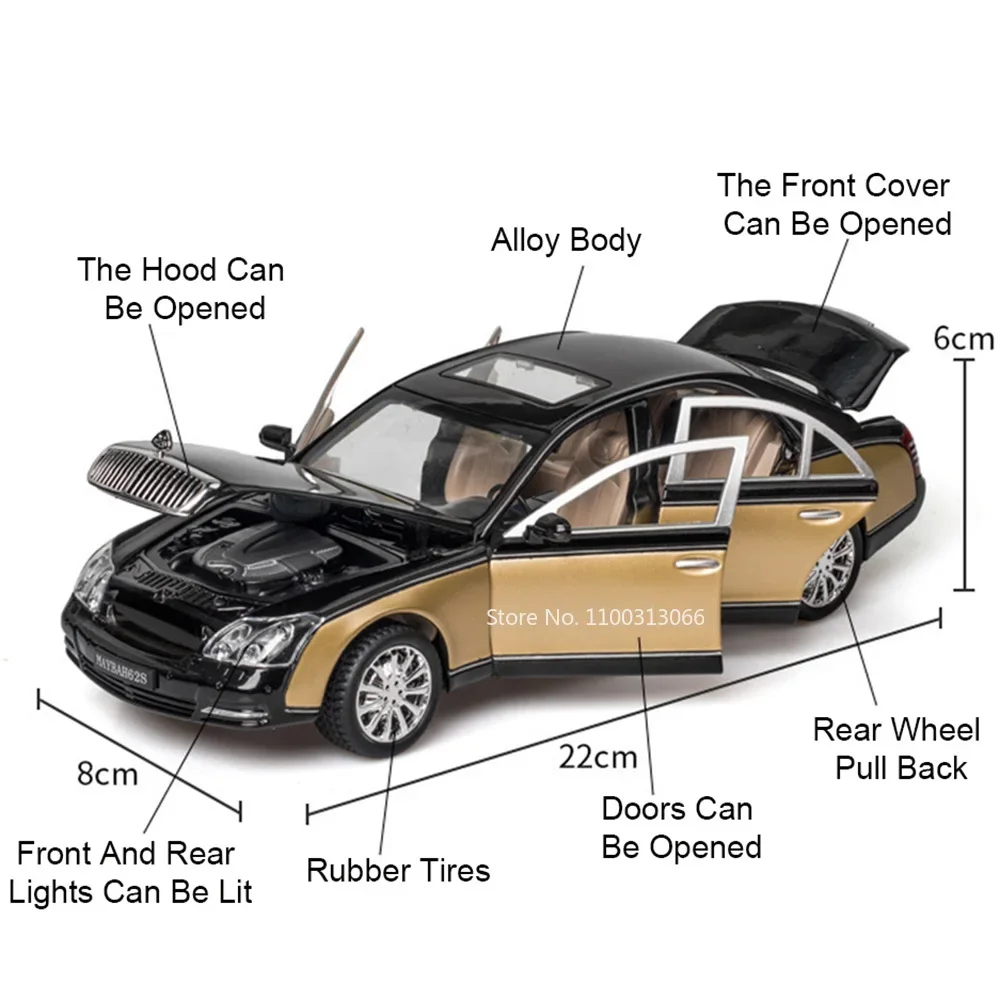 1:24 Alloy Maybach 62S Toys Cars Diecasting Models 6 Doors Opened Miniature Model Pull Back Light Music Toy Toddler Kids Gifts