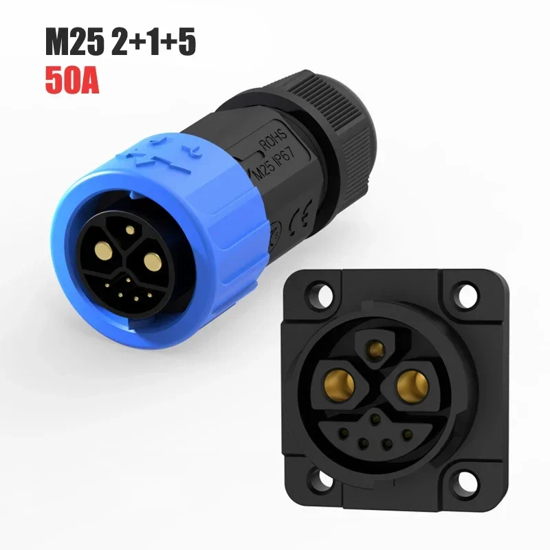 IP67 50A 2+1+5 Electric Motorcycle Charging Port Cord M23 E-bike Lithium Battery Connector Wire 8Pin Male Female Plug Socket