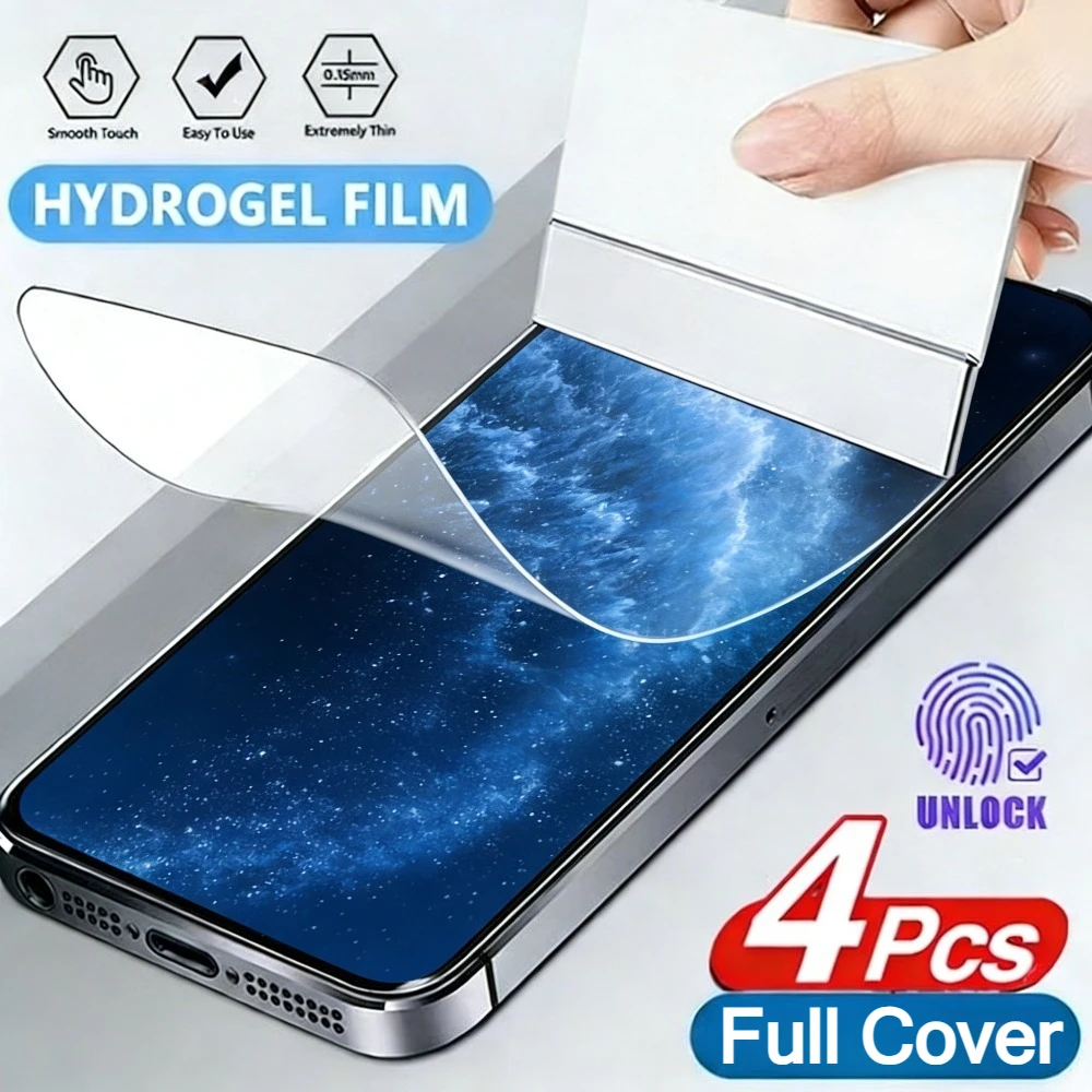 

Комплект из 4 гидрогелевых пленок Full Cover HD для iPhone 17, 16, 15, 14 Pro Max, Air 17e, 16, 15, 14 Plus, 13, 12, 11 Pro – Защита экрана от царапин