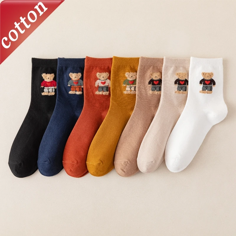5/10 Pairs Women's Socks Set Japanese Cartoon Cute Bear Embroidery Kawaii Mid Tube Socks Comfortable High Quality Cotton Sock