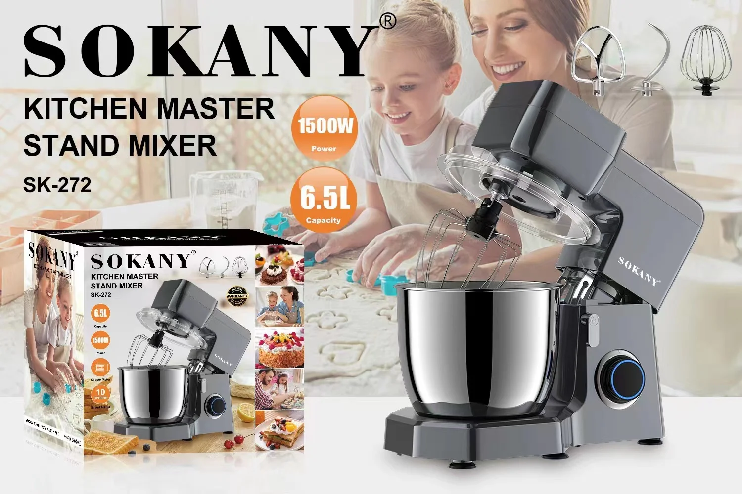 Houselin 1500W Electric Stand Mixer,6.5L,Dough Hook,Flat Beater Attachments,Splash Guard 7 Speeds with Whisk,Grey