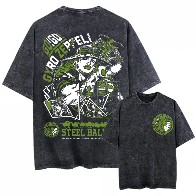 Camiseta Negra Oversize Unisex con Estampado de Anime y Manga Steel Ball Run, Estilo Vintage Lavado, con Gráfico de Jojo, Camisa Casual de Algodón para Hombre y Mujer