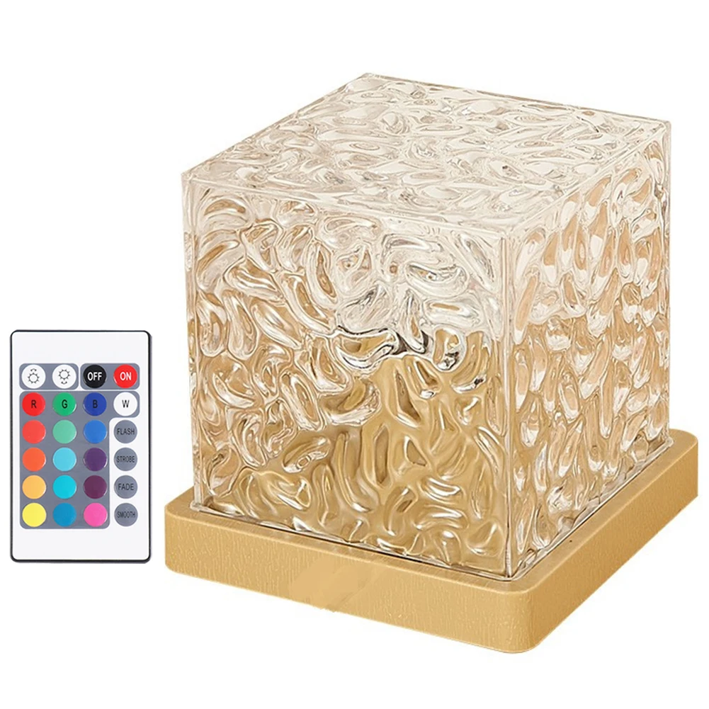 Dynamic Water Ripple Night Light 16 Colors Flame Crystal Lamp Remote Rotating Water Ripple Small Cube Lamp Home Decor