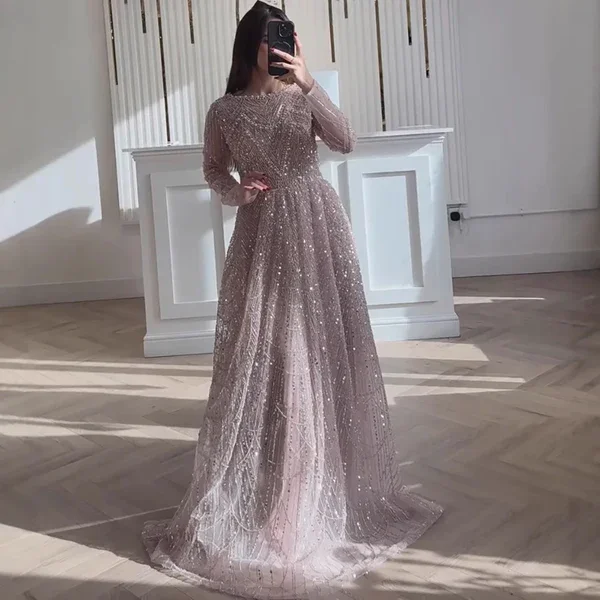 

Custom Elegant Beaded Tulle Formal Gown Long Sleeve Boat Neck Floor Length A-Line Evening Dress for Prom Party
