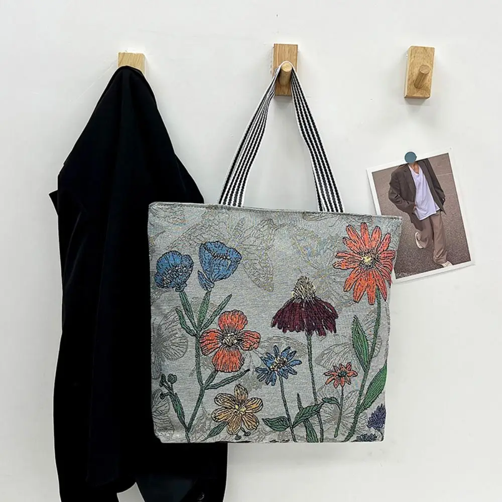 Retro Embroidery Canvas Tote Bag Cute Cartoon Butterfly Flower Shoulder Bag Ethnic Style Handbag Shopping Bag Mommy Bag