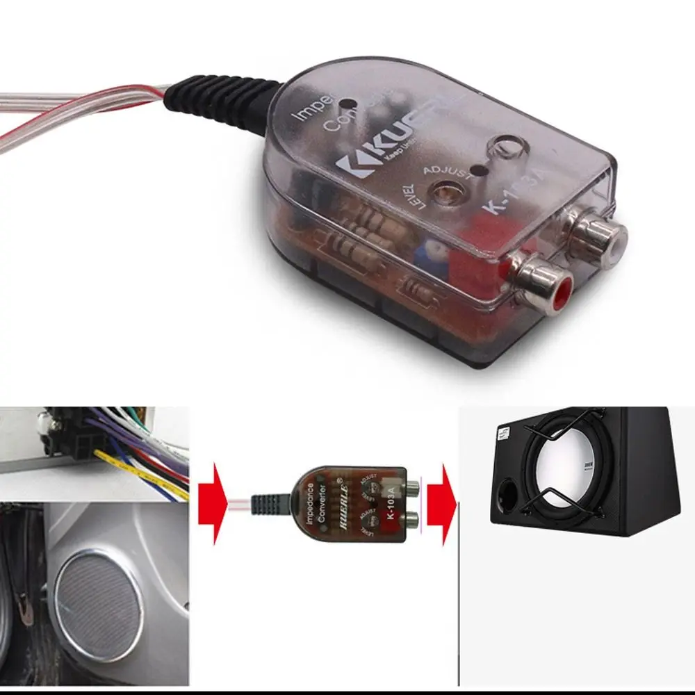 Convertidor de subwoofer de Audio para coche de 12V, convertidor de impedancia de Audio de alto nivel de 50W, adaptador RCA de salida de Audio alta a baja, accesorio para coche