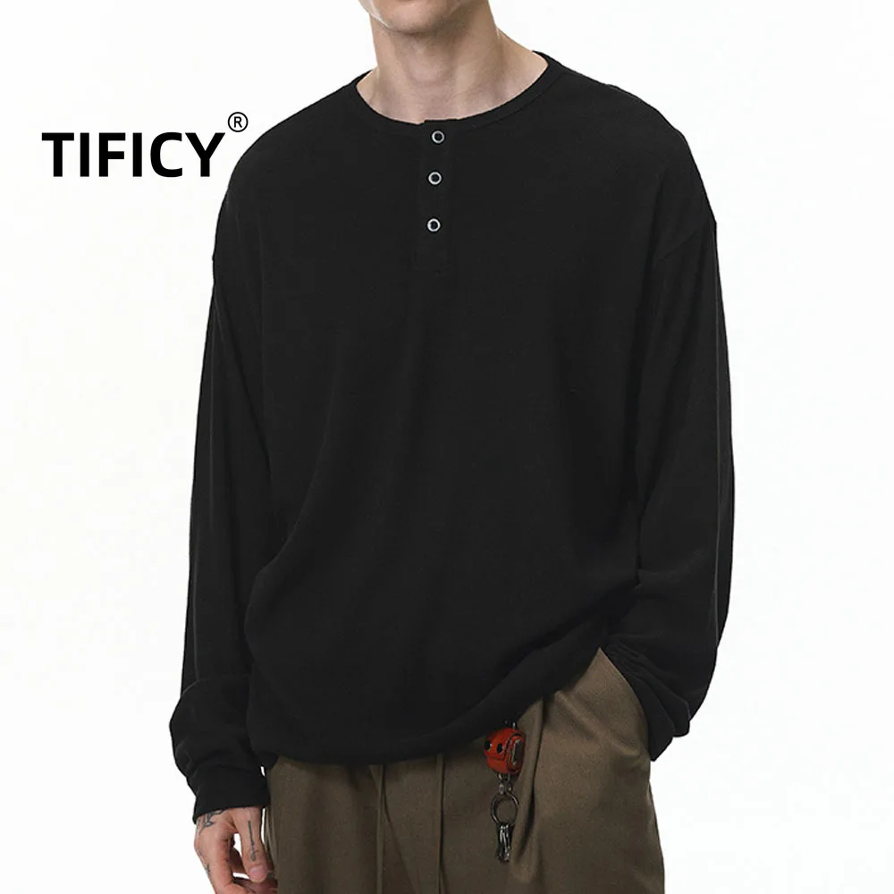 

TIFICY Knit Lazy Tees Long Sleeved T-shirt Tops Men's Autumn New Product Casual Solid Color Base Streetwear Casual Base Shirt
